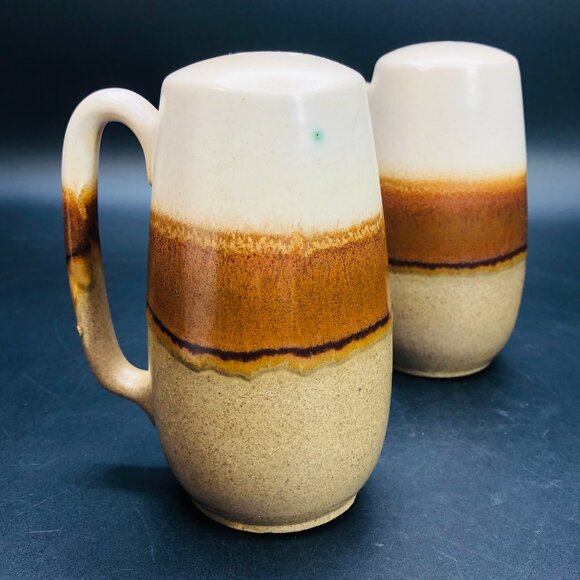 70s BEAUCE Ceramic Oversized Salt Pepper Shaker Set with Handle, Retro Boho - Picture 7 of 10